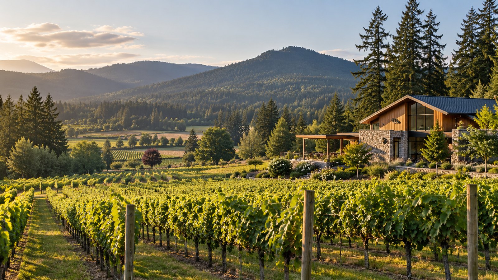 Editorial vineyard and forested valley landscape representing Cowichan Valley winery property on Vancouver Island