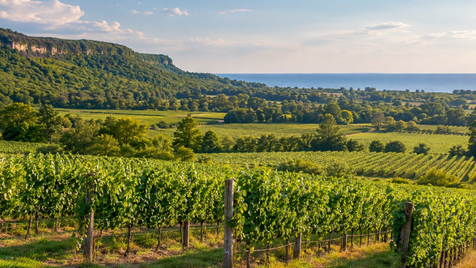 Editorial vineyard landscape with a wooded escarpment and Lake Ontario horizon representing the Niagara Peninsula wine region in Ontario