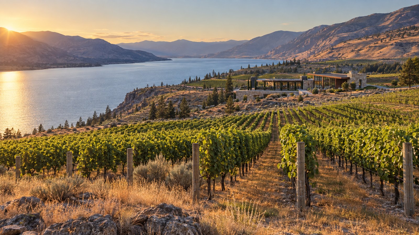 Editorial vineyard and lake landscape representing Okanagan Valley winery and vineyard property in British Columbia