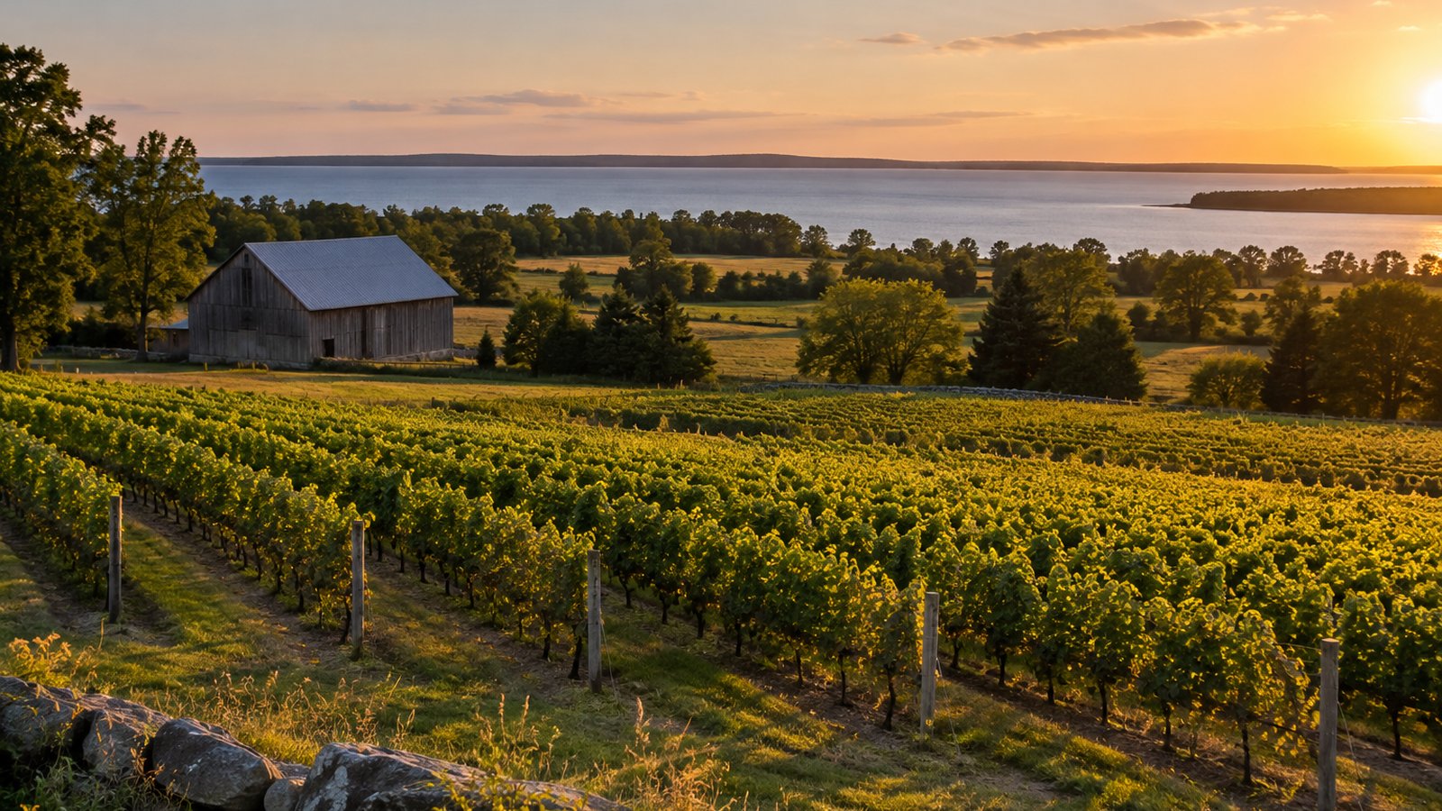 Editorial vineyard, barn and lakeshore countryside representing Prince Edward County wine property in Ontario