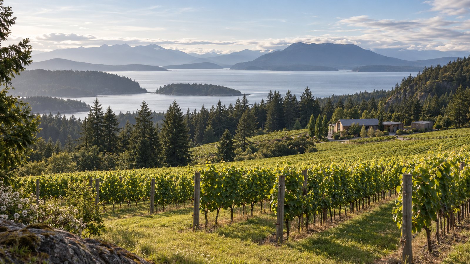 Editorial coastal vineyard landscape representing Vancouver Island winery and vineyard property in British Columbia